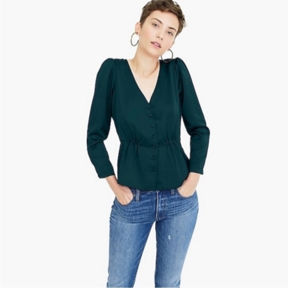 J. Crew Satin Long Sleeve V-Neck Button-Up Peplum Blouse Deep Green size 8